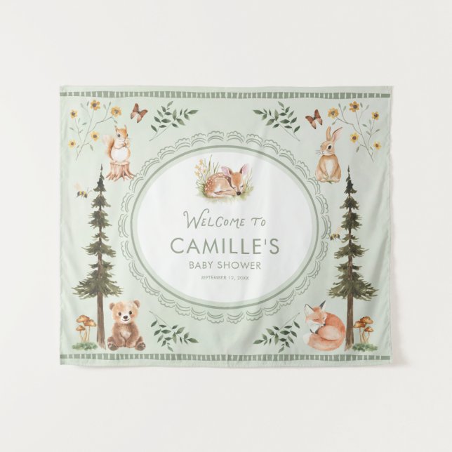 Woodland Sage Green Baby Shower Welcome Tapestry (Front (Horizontal))