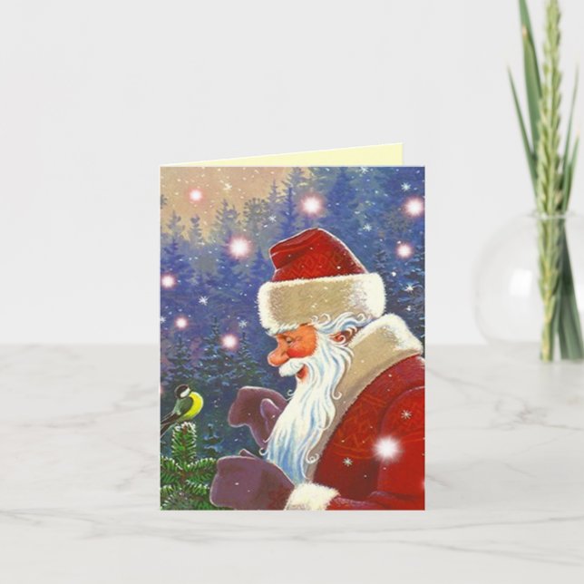 Woodland Santa & Chickadee Christmas Holiday Card (Front)