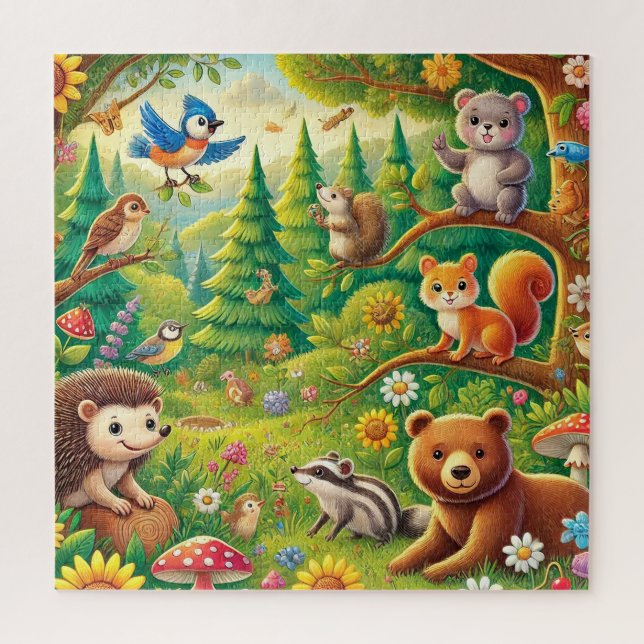Woodland Scene Cute Forest Animals Design Jigsaw Puzzle (Vertical)