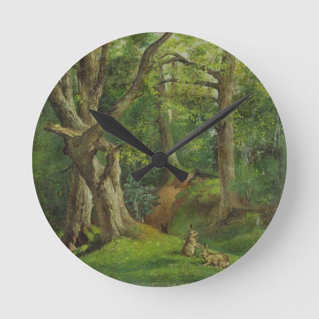 Woodland Scene with Rabbits, 1862 (oil on canvas) Round Clock (Front)