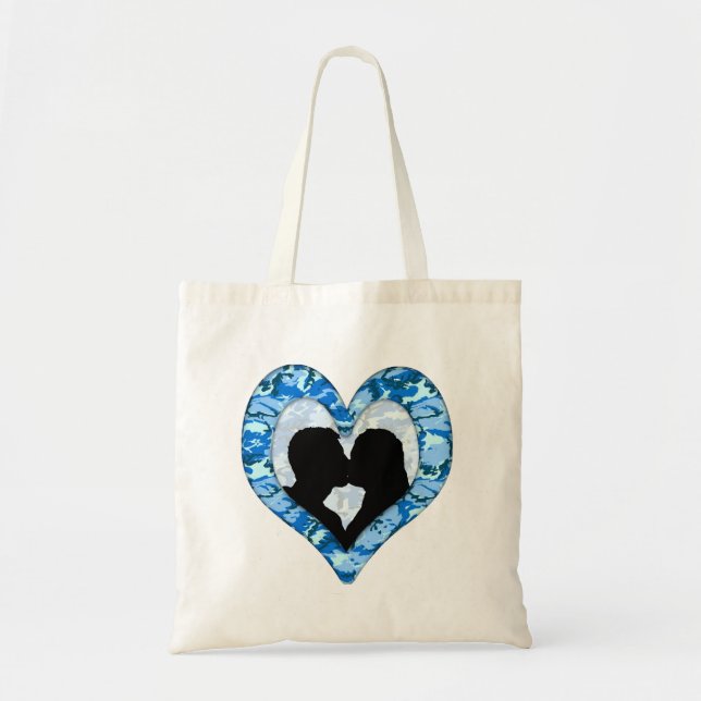 Woodland Sky Blue Camouflage Kissing Couple Tote Bag (Front)