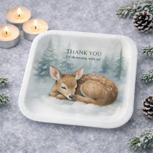 Woodland Sleeping Baby Deer Winter Baby Shower Paper Plate