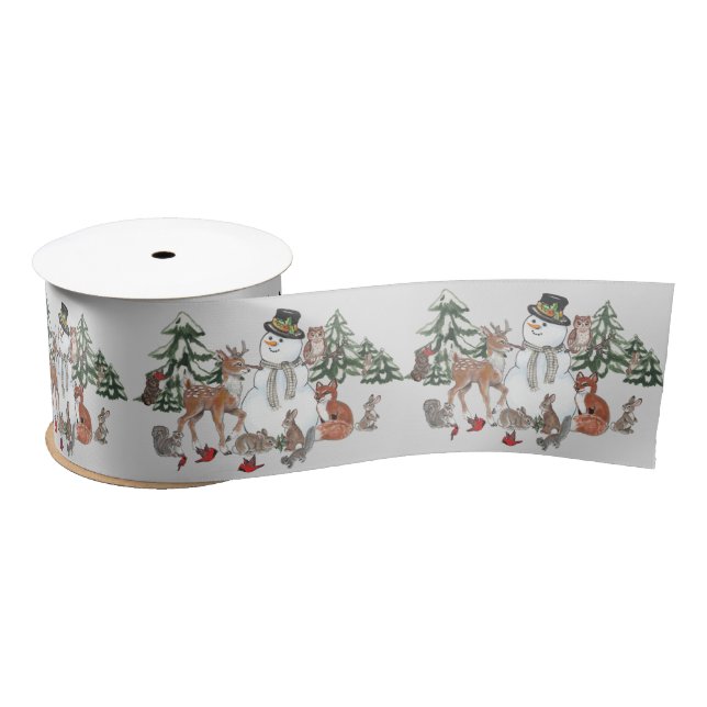 Woodland Snowman Deer Fox Christmas Wishes Grey Satin Ribbon (Spool)
