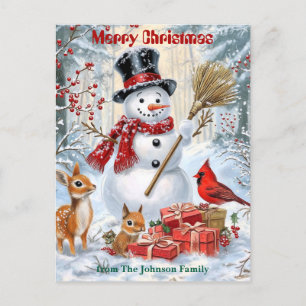 Woodland Snowman Personalised Family Christmas Holiday Postcard