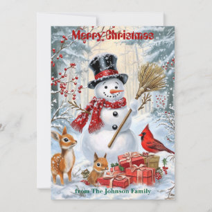 Woodland Snowman   Personalized Family Christmas Holiday Card