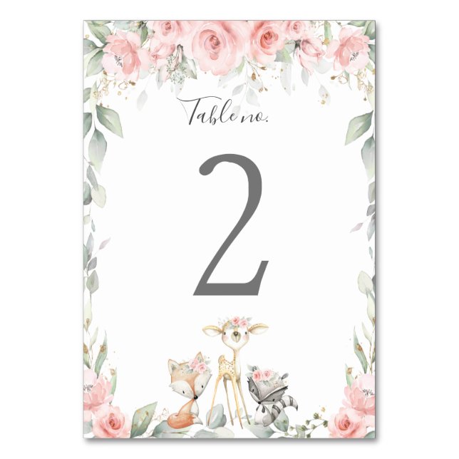 Woodland Soft Blush Floral Baby Shower Birthday Table Number (Front)
