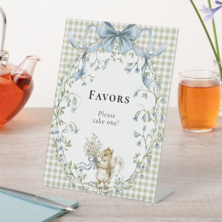 Woodland Squirrel Gingham Baby Shower Favors Pedestal Sign