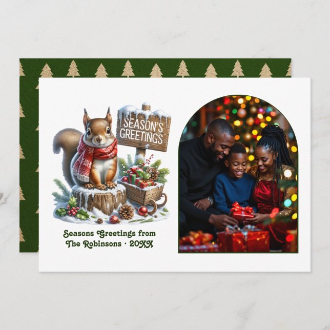 Woodland Squirrel Rustic Forest Christmas Photo Holiday Card (Front/Back)