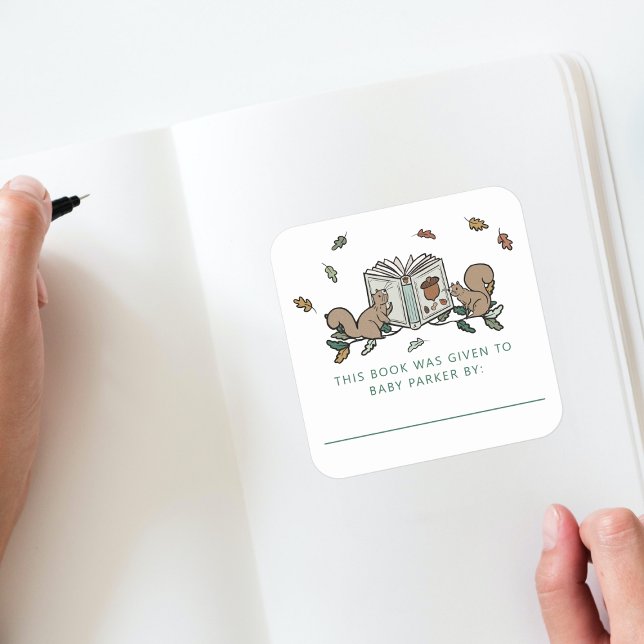 Woodland Squirrels Storybook Baby Bookplates Square Sticker (Woodland Storybook Baby Shower Bookplate )