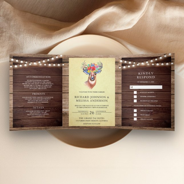 Woodland String Lights Floral Deer Antlers Wedding Tri-Fold Invitation (Creator Uploaded)