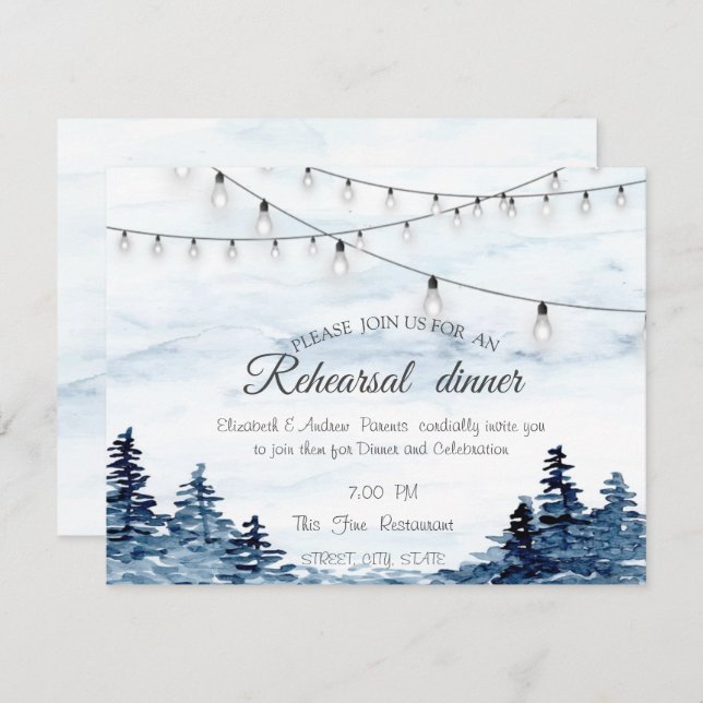 Woodland,String Lights,Watercolor Rehearsal Dinner Invitation (Front/Back)