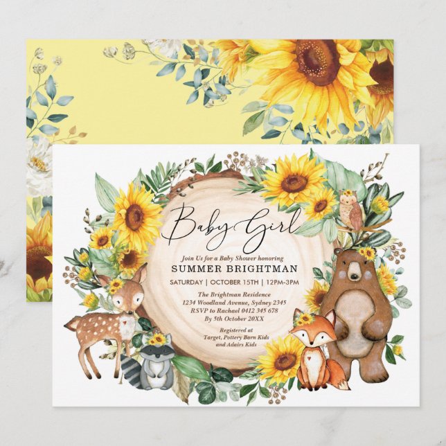 Woodland Sunflower Forest Animals Baby Girl Shower Invitation (Front/Back)