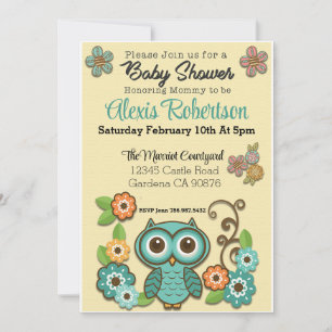 Woodland Teal owl Baby shower invitation