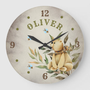 Woodland Teddy Bear Boy Baby Nursery Large Clock