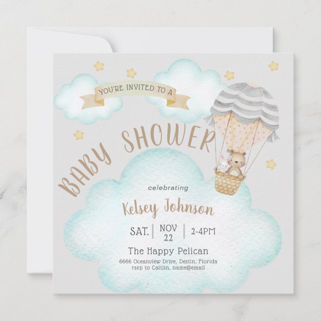 Woodland Teddy Bear Neutral Balloon Baby Shower Invitation (Front)