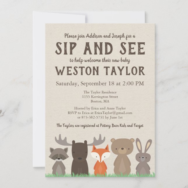 Woodland Themed Sip and See Invitations (Front)