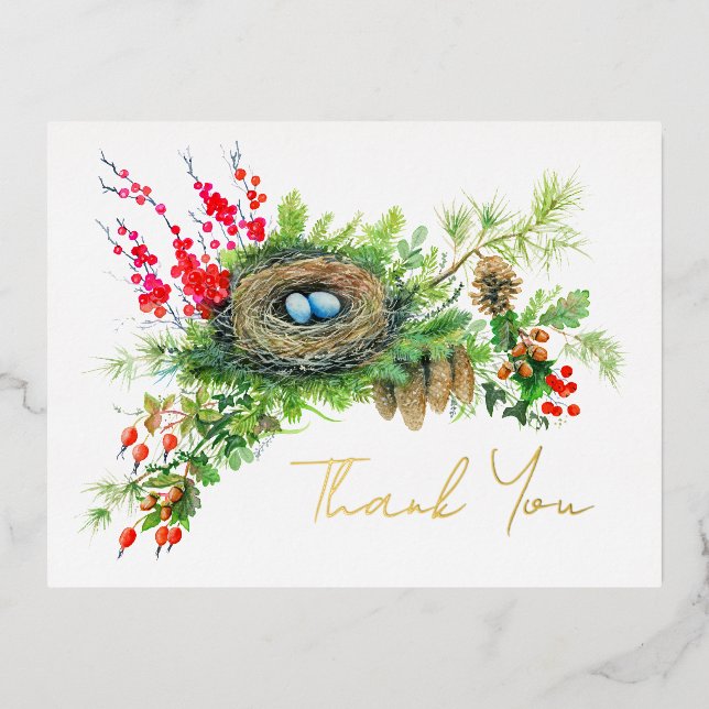 Woodland Treasures Watercolor Thank You Foil Holiday Postcard (Front)