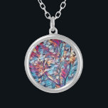 WOODLAND TREE ABSTRACT   SILVER PLATED NECKLACE<br><div class="desc">An abstract art design of a small woodland tree in blues,  reds and brown colours.</div>
