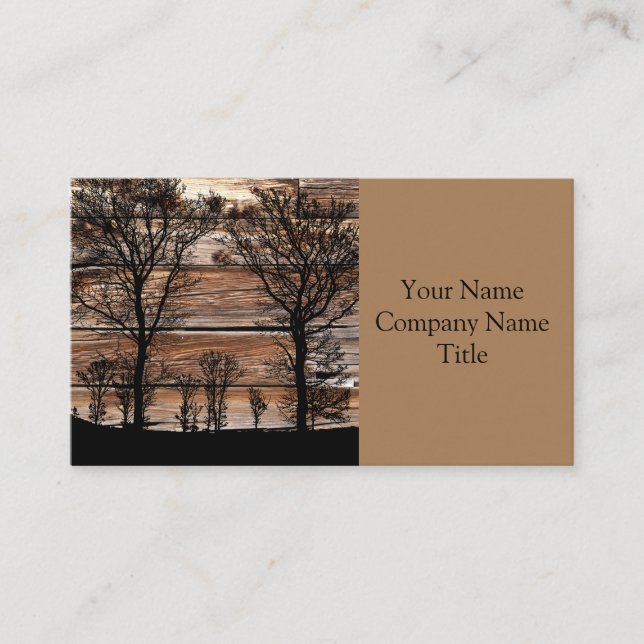 Woodland Tree Silhouette On Barn Board Business Card (Front)