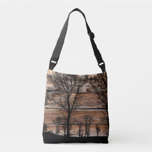 Woodland Tree Silhouette On Barn Board Crossbody Bag
