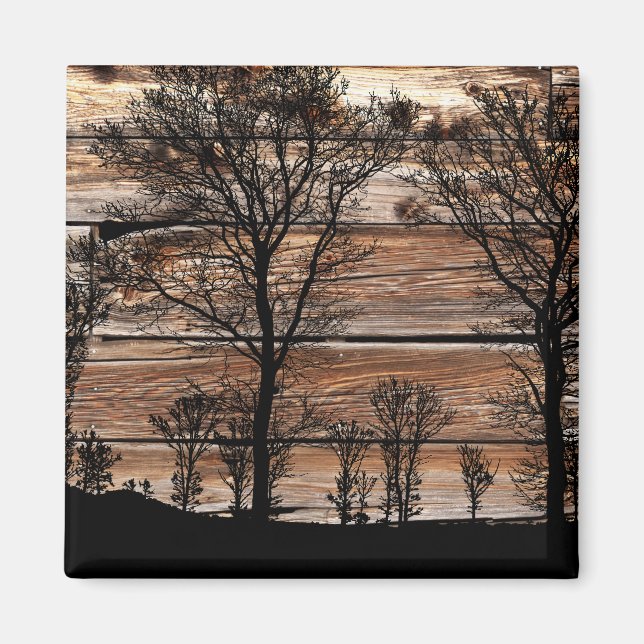 Woodland Tree Silhouette On Barn Board Magnet (Front)