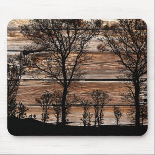 Woodland Tree Silhouette On Barn Board Mouse Pad