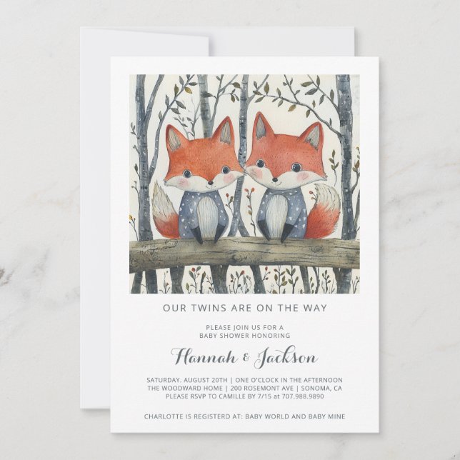 Woodland Twins Baby Shower Invitation (Front)