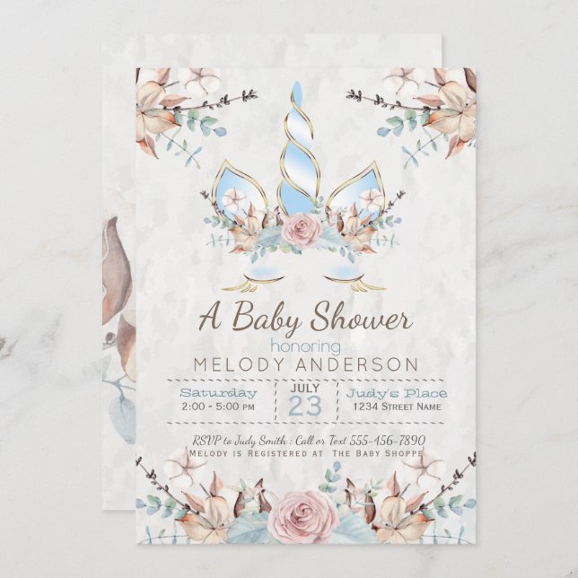 Woodland Unicorn Baby Shower Blue Invitation (Front/Back)