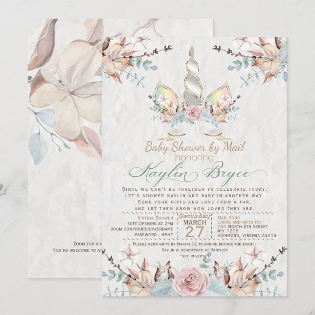 Woodland Unicorn Virtual Baby Shower Kaylin4a Inv Invitation (Front/Back)