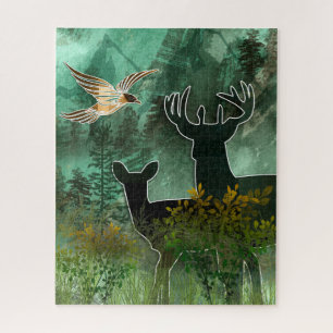Woodland Union Pair of Deer and Hawk Jigsaw Puzzle