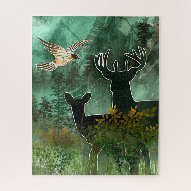 Woodland Union Pair of Deer and Hawk Jigsaw Puzzle (Vertical)