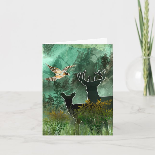 Woodland Union Pair of Deer and Hawk Note Card (Front)