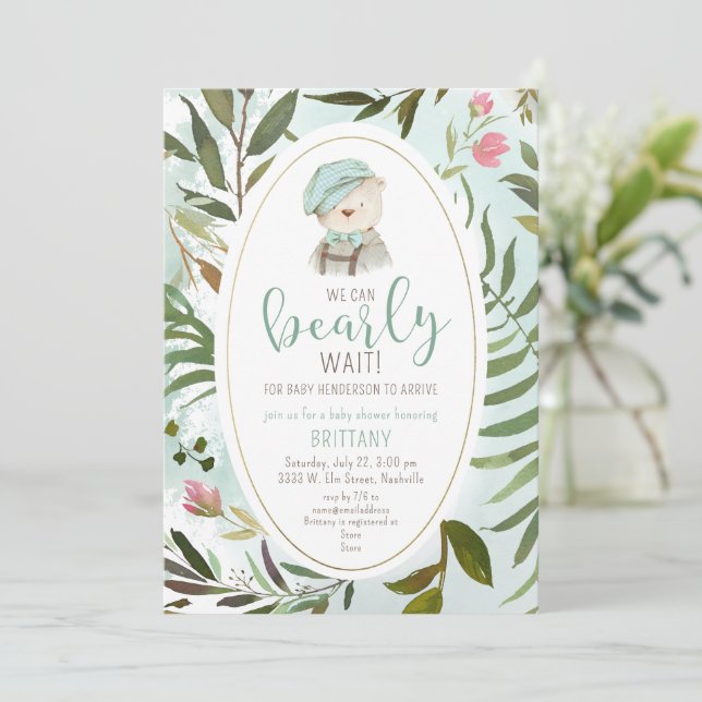 Woodland Vintage Greenery Teddy Bear Baby Shower Invitation (Standing Front)