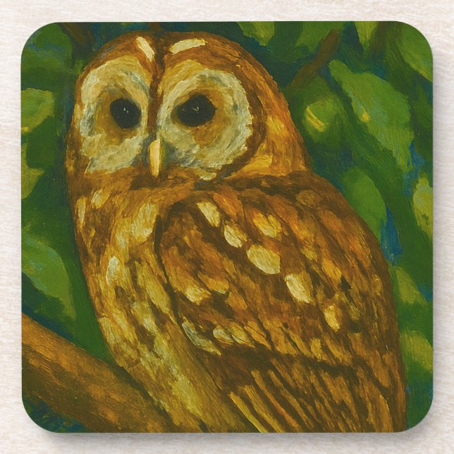 Woodland Watcher – Realistic Owl Art Coaster (Front)