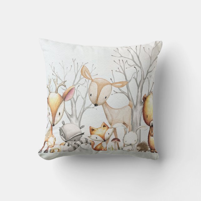 Woodland Watercolor Animal Baby Kid Nursery Pillow (Front)