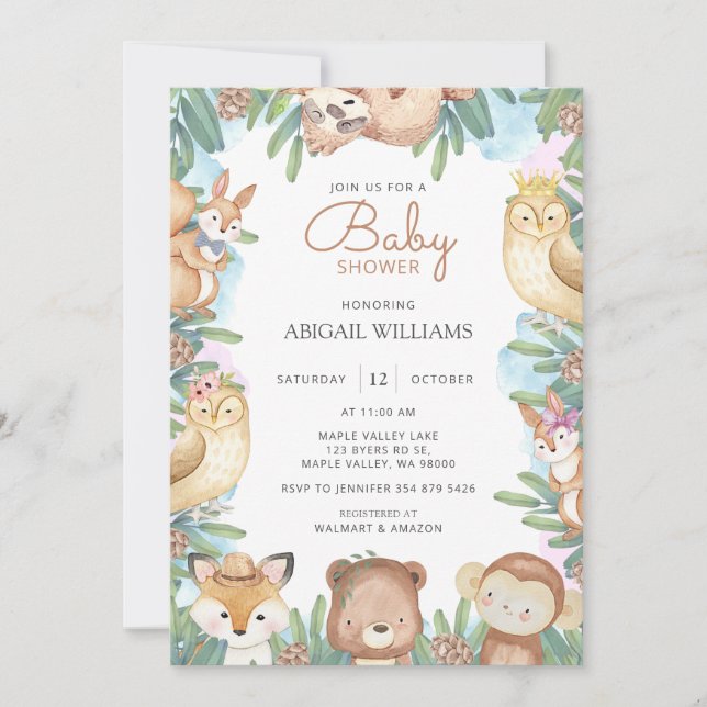Woodland Watercolor Animals Baby Shower Invitation (Front)