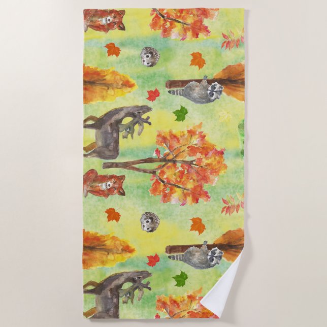Woodland Watercolor animals Beach Towel (Front)