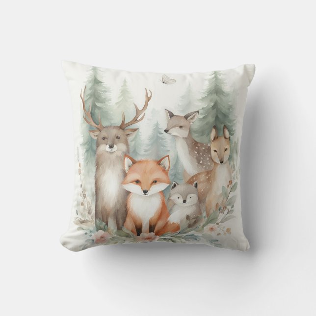 Woodland Watercolor Animals Cushion (Front)