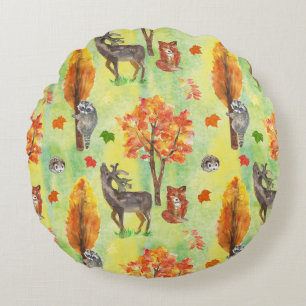 Woodland Watercolor animals Round Cushion