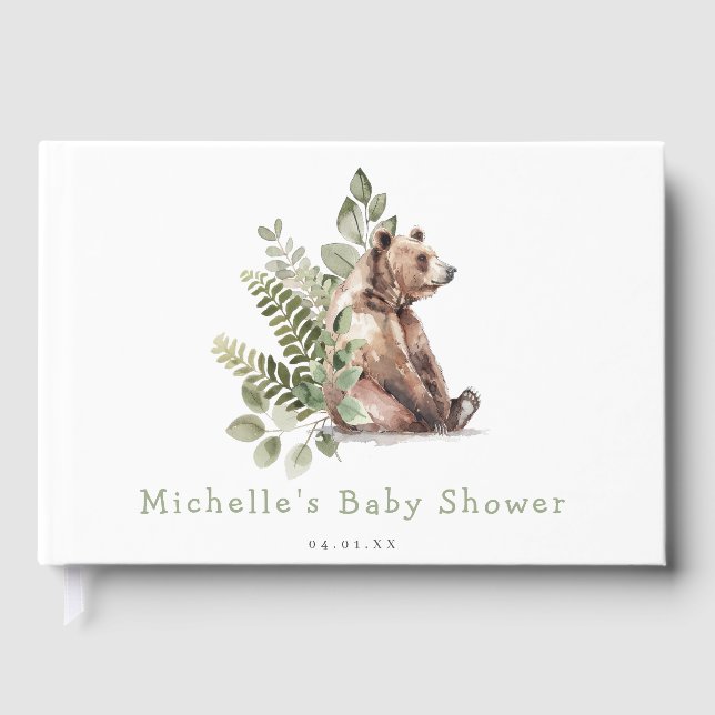Woodland Watercolor Bear Baby Shower Guest Book (Front)