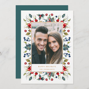 Woodland Watercolor Berries Frame Christmas Photo Holiday Card