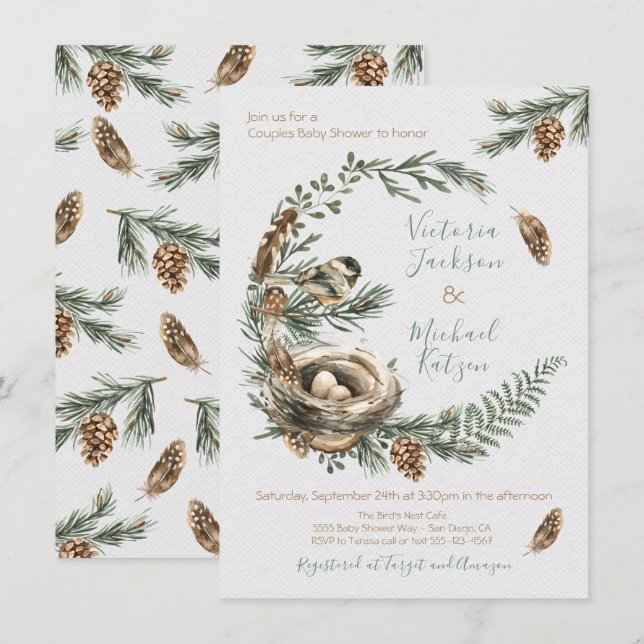 Woodland Watercolor bird's nest wreath baby shower Invitation (Front/Back)