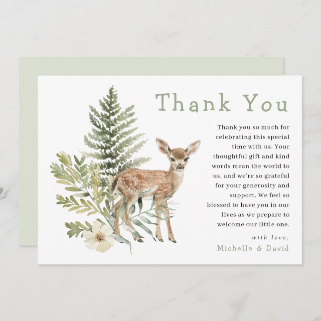 Woodland Watercolor Deer Baby Shower Thank You (Front/Back)