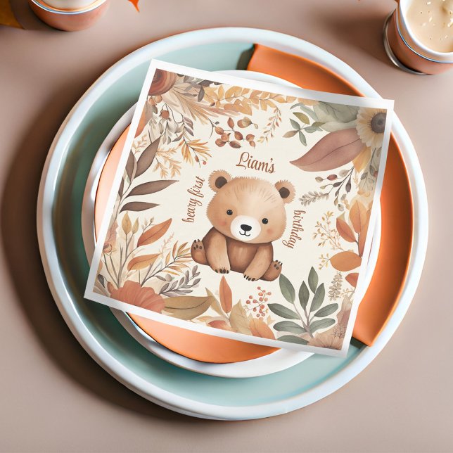 Woodland Watercolor First Birthday Baby Bear Fall Napkin (Fall first birthday party napkins with a cute baby bear in an Autumn boho watercolor style)