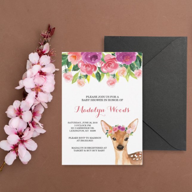 Woodland Watercolor Floral Deer Baby Shower Invite (Creator Uploaded)