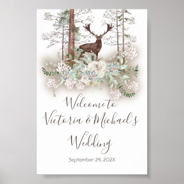 Woodland Watercolor Forest Deer Welcome Sign (Front)