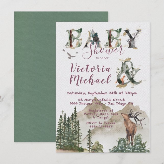 Woodland Watercolor Forest Mountain Baby Shower Invitation (Front/Back)