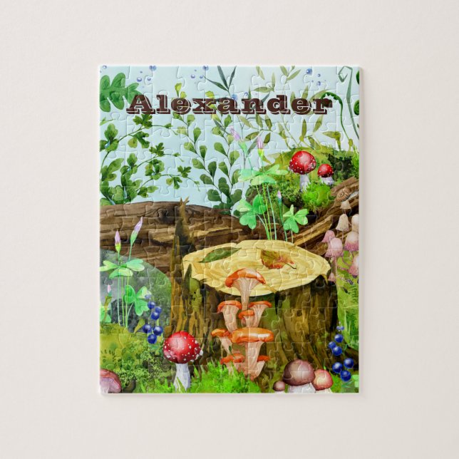Woodland Watercolor Forest Mushroooms Plants Name  Jigsaw Puzzle (Vertical)