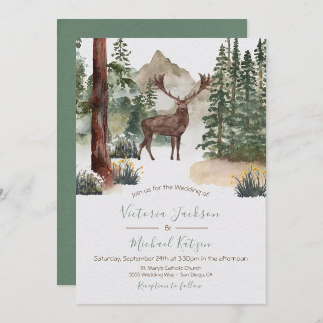 Woodland Watercolor Forest Wedding invitations (Front/Back)