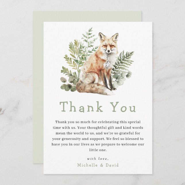 Woodland Watercolor Fox Baby Shower Thank You (Front/Back)